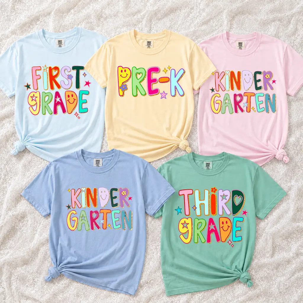Comfort Colors First Grade Teacher Shirt, Kindergarten T-Shirt, Pre-K Tee, Preppy Hand Drawn Colorful Doodle Stars Messy Gold Glitter Shirt - DarkFlex