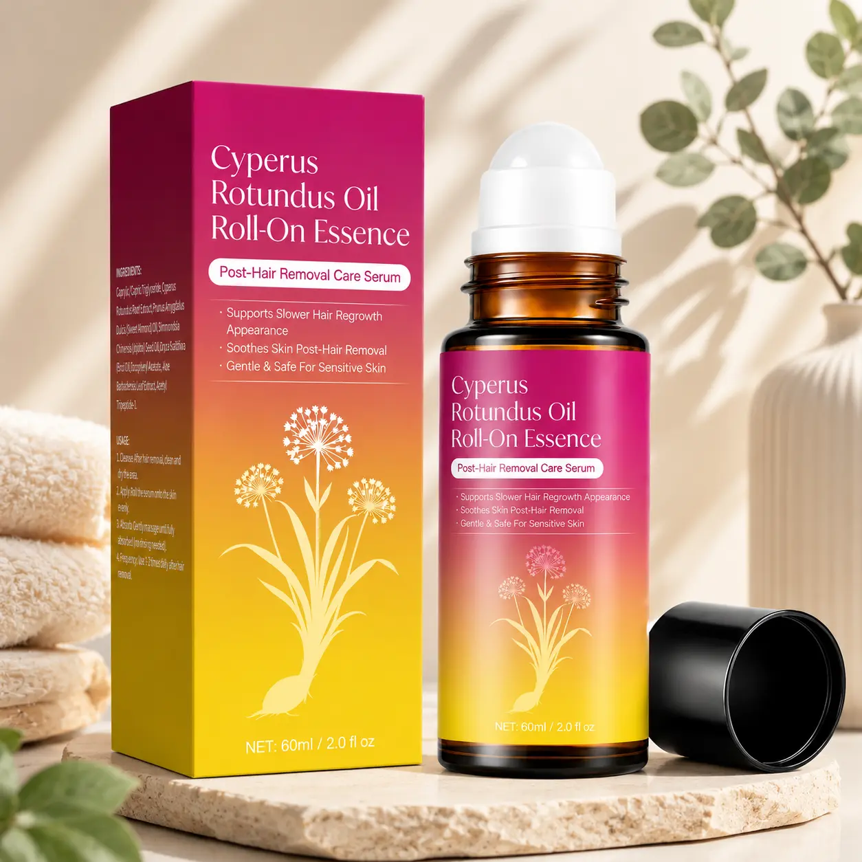 Cyperus Rotundus Oil Serum Roll-On 60ML, Post-Waxing Use, Reduces Hair Growth Speed, Mustache Aftercare Oil, Liquid Product