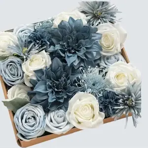AUSOGO Fake Flowers Box Faux Artificial Greenery Stems Dusty Blue Navy Silk Dahlias & Foam Roses for Centerpieces Wedding Bouquet Decorations holiday flowers