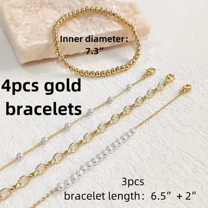 4pcs 14K Gold Plated Bead Pearl Bracelet Stack Jewelry Sets Adjustable Chain Pearl Bracelets Stackable Ball Cross Stretch Bracelet Set Fashion Accessories Gifts Beauty & Personal Care