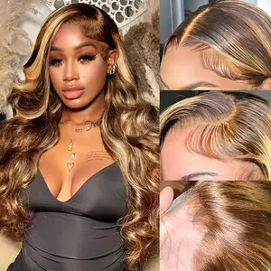 Lace Front Wig Human Hair 4/27 13x4 Body Wave Highlight Lace Front Wig Human Hair Pre Plucked With Baby Hair Honey Blonde Wig Human Hair 180% Density Colored Wigs Human Hair lace frontal