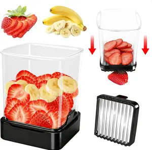 Handheld Fruit Slicer Cup Kitchen Utensil, 9 Detachable Stainless Steel Blades, Extra Large 13-Strawberry Capacity, Suitable for Strawberries, Bananas, Easy-Cleaning Design