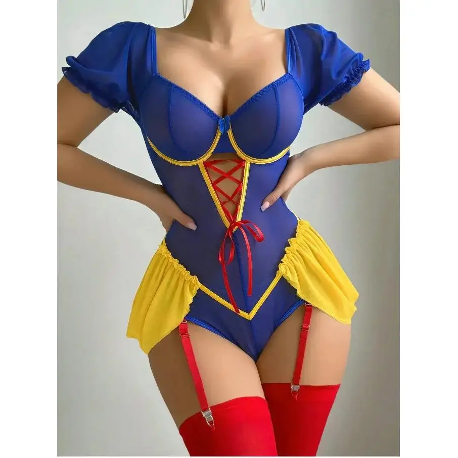 Women's 3-Piece Cotton Lingerie Set - Snow White Sexy Sweet Sailor Theme Costumes, Striped Tops with Shorts, Machine Washable, Sheer Panels