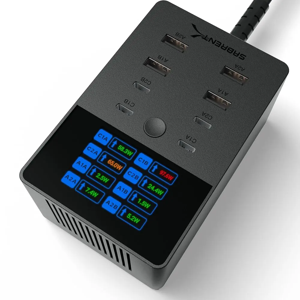 Sabrent Voltik 252W 8-Port USB-C and USB-A Desktop Charging Station with LCD Display for MacBook, iPhone, and Samsung