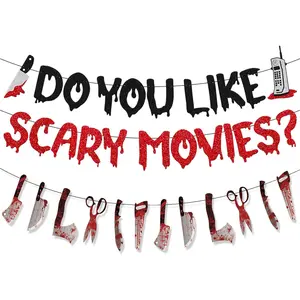 Halloween Birthday Party Decorations Glitter Happy Birthday Banner Horror Movie Decor Supplies Scream Theme Party Favors(Red)