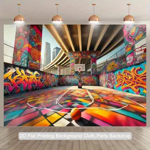 2D Flat, 1pc Realistic 2D Street Basketball Court Backdrop Tapestry - Graffiti Wall & Hoop Design with Numbered 1-Point to 3-Point Lines, Indoor/Outdoor Party Decoration, Photo Studio Background for ' Birthday, Events (Easy Peel & Stick, 2D Flat,