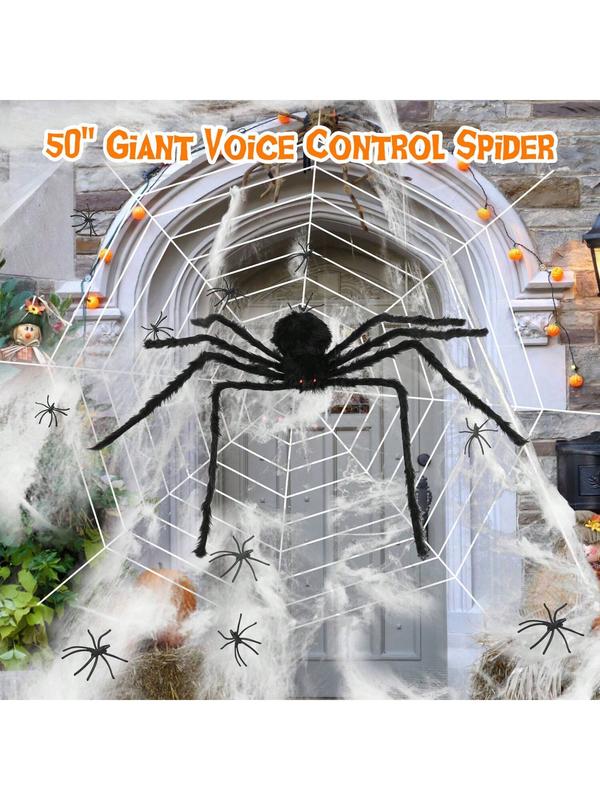 50" Giant Voice Control Toy - Realistic Hairy - Halloween Set With 12ft Web,Halloween Spiders Decorations 20 Pc Scary Fake For Halloween Decorations - Indoor And Outdoor