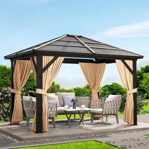 Garvee 10x12ft Hardtop Gazebo with Netting & Curtains, Permanent Aluminum Frame Outdoor Canopy, Polycarbonate Roof UV Protection for Patio, Lawn, Backyard, and Deck (10'x12')