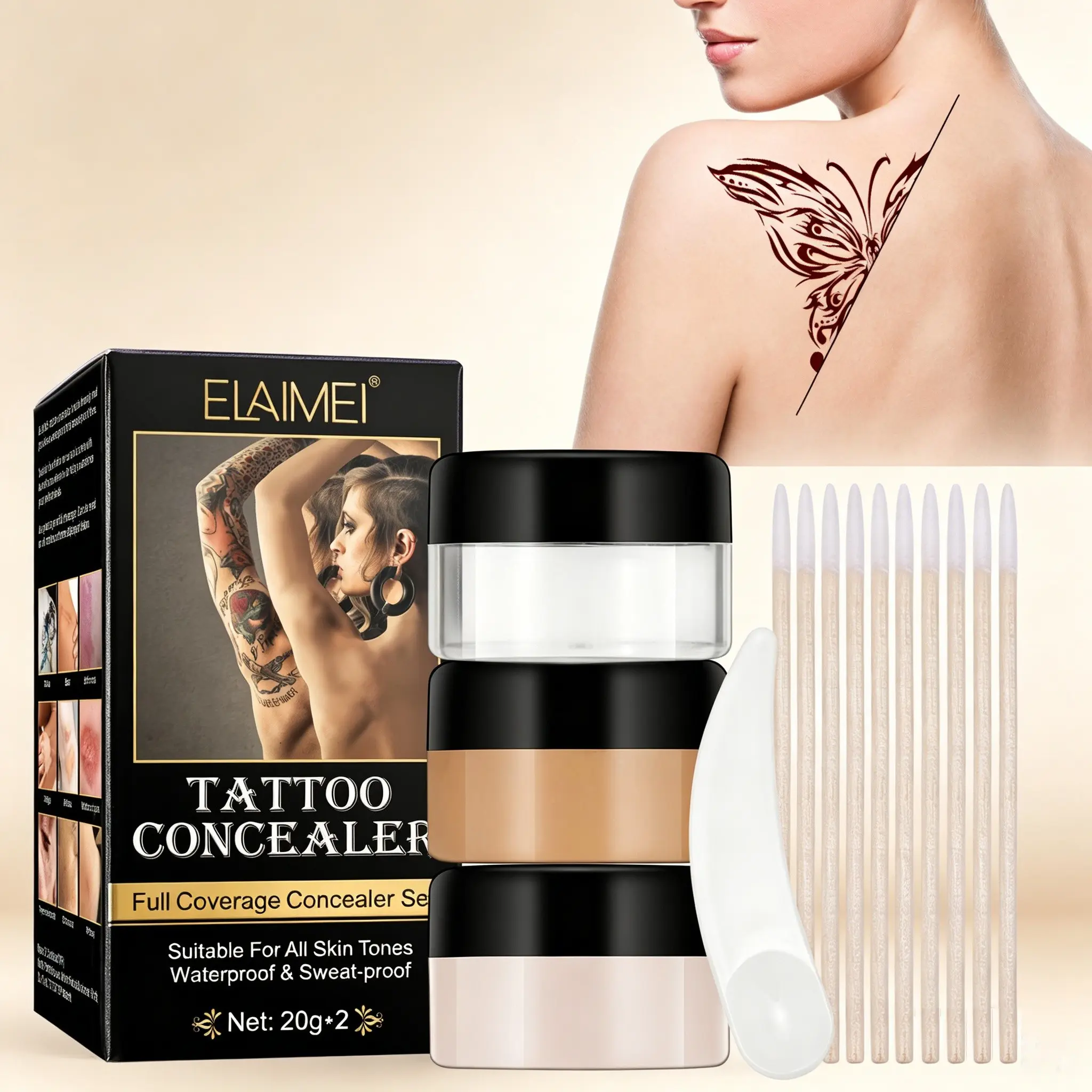 Elaimei Tattoo Concealer Cream, Tattoo Coverup, Super Coverage Concealer, Long-Lasting Skin Adhesion, Efficiently Covers Tattoo Marks, Natural Finish, Makeup Corrector