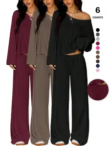Women's Multi-Pack Loungewear Set, Off-Shoulder Long Sleeve Crop Top and Wide Leg Pants, Comfortable Casual Wear for Home and Relaxing, Pajama Set