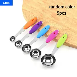 5-Piece Stainless Steel Measuring Spoons Set with Silicone Handles, Food Grade, No Power Needed, Includes 1/4, 1/3, 1/2, 2/3, 1 Cup, Kitchen Measuring Utensils