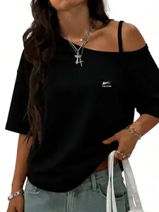 Y2K Off Shoulder Short Sleeve T-Shirt, Asymmetrical Strap Crop Top, Letter Print Casual Streetwear, Summer Loose Fit Tee for Women, Sexy Cold Shoulder Blouse, Chic
