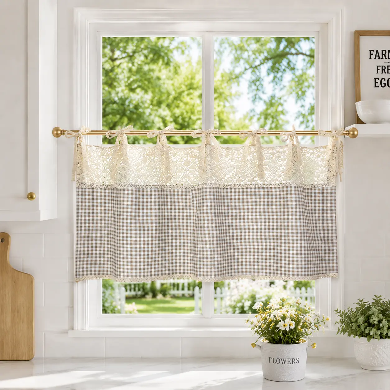 1PC Tie Top Plaid Kitchen Curtain Valance for Dining Room Small Windows Retro Gingham Linen Cafe Curtain Short Vintage French Window Treatment Tiers Bathroom Farmhouse Valance