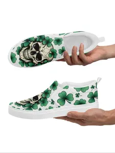 Men's Lucky Four-leaf Clover Skull Print Slip-on Sneakers, Casual Comfortable Breathable Couple Sneakers, Non-slip for Streetwear, Festivals, and Daily Wear, Runner