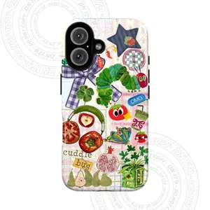 Cute Caterpillar Aesthetic Phone Case – Collage Design with Fruits, Clover, Butterfly, Cartoon Stickers, Cozy Vintage Vibes, Pastel Plaid Background – Fits iPhone 17 Pro Max 17 Air 17Pro 16 15 14 13 12 11 Pro Max, Samsung Galaxy S21, S22, S23, S24