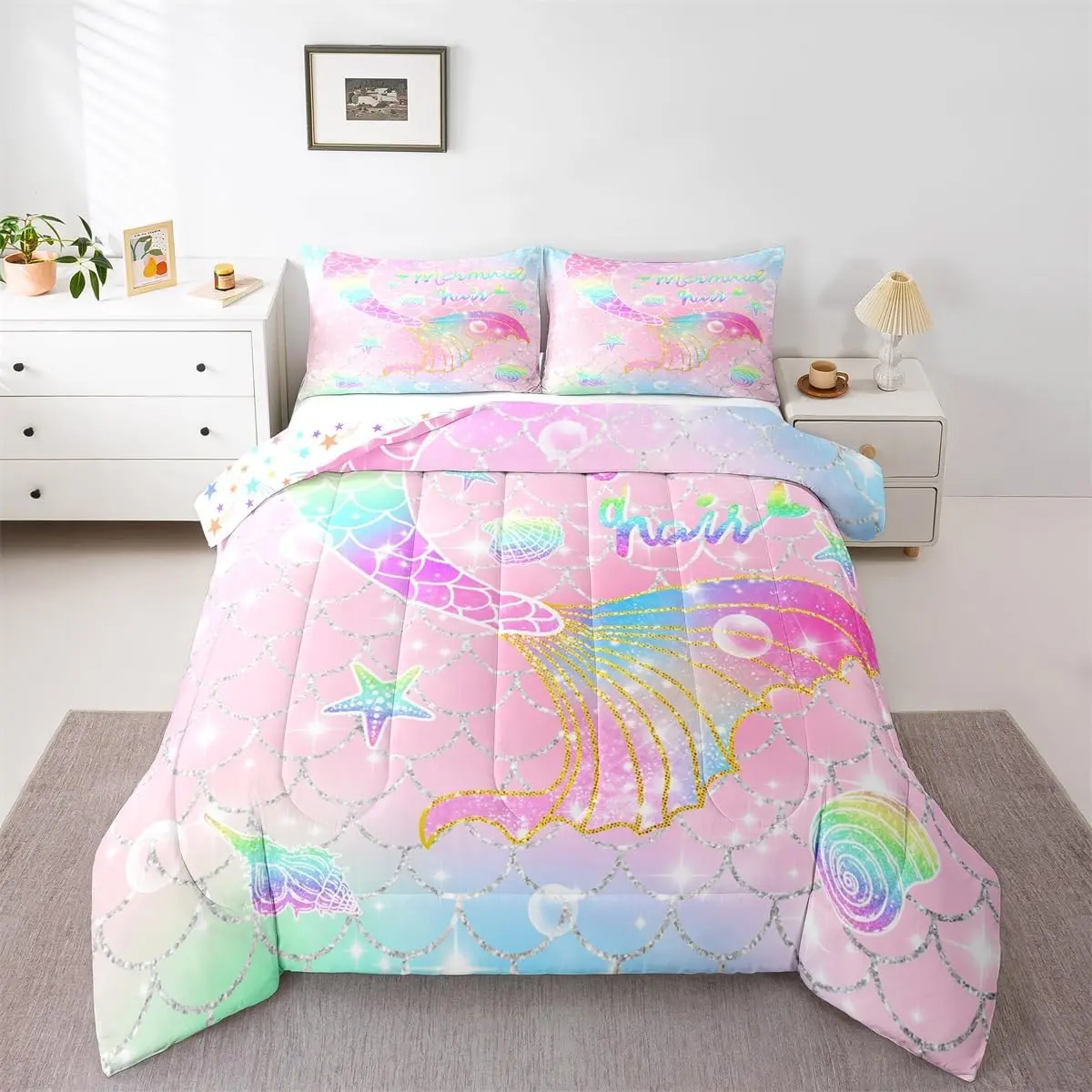 Feelyou Rainbow Pink Tail Digital Print Soft Bedding Set - Reversible Quilt Cover, Silky Soft Skin-Friendly Sheet Set, Breathable Mermaid Blanket, Soft Bedding Sets