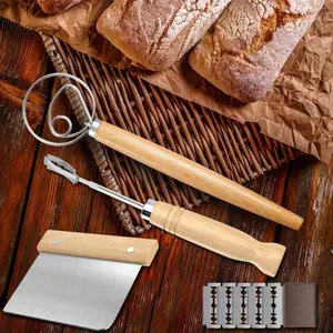 3Pcs Bread Making Tools with 5Pcs Blades, Danish Dough Whisk, Bread Lame, Bench Scraper - Dough Hook with Bread Scraper Great for Baking