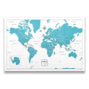 Push Pin World Map Pin Board - Teal Color Splash - Pins Included!