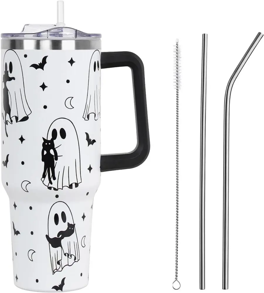 40oz Halloween Stainless Steel Insulated Thermal Bottle Tumbler - Insulation, Reusable, Portable, Gothic Ghosts & Cat Design, Leak-Proof with Lid & Straw, Spooky Goth Gift for Moms, Fall Kitchenware Drinkware Accessory for BBQs