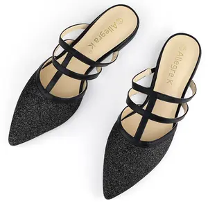 BLISSFUL STEP Glitter Pointed Toe Flats Mules Black