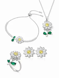 Spinning Sunflower Jewelry Set for Women, 4PCS Silver Crystal Set (Necklace Earrings Ring Bracelet Gift)