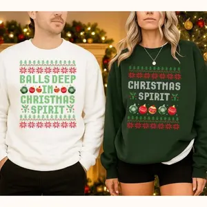Funny Couples Christmas Sweatshirt, Christmas Spirit Couple Sweatshirts, Funny Ugly Christmas Sweater, Balls Deep in Christmas Spirit Jumper, Matching Adult Humor Holiday Gifts - LORA ATCHER