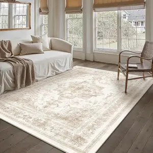 Area Rug 5x7 Cream Washable Living Room Beige Carpet Non Slip Vintage Medallion Low Pile Soft Indoor Bedroom Retro Distressed Indoor Rug for Office Laundry Dining Room