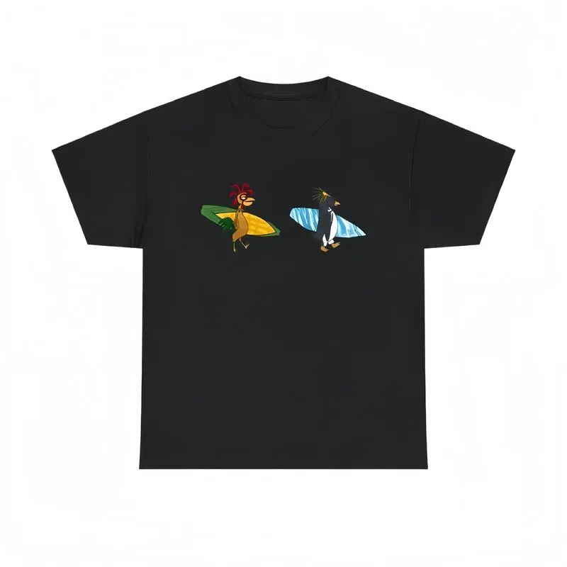 Surfing Chicken Penguin Graphic Tee for Men Women Black Cotton T-shirt Summer Casual Funny Cartoon Animal Top