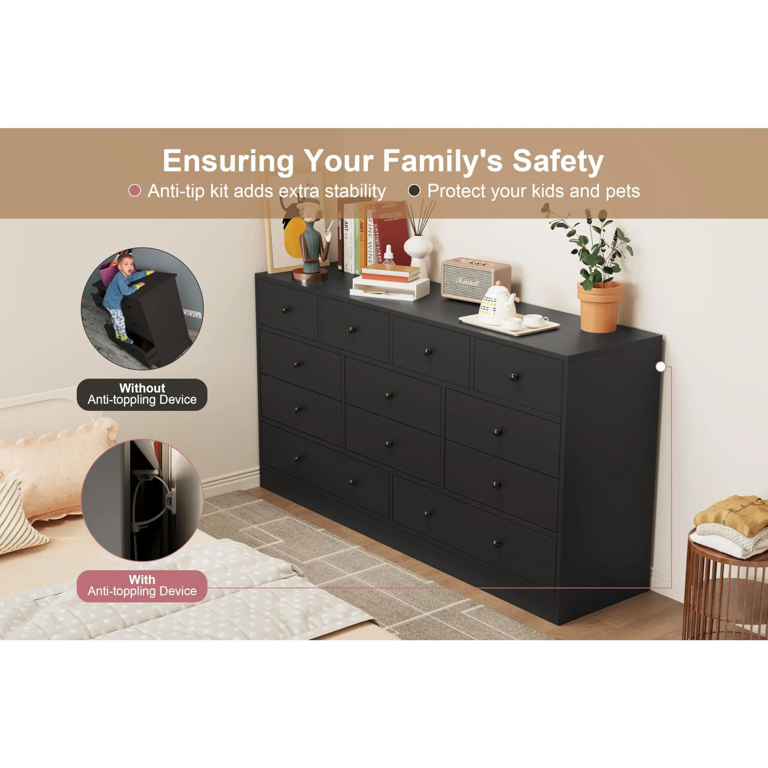 12 drawer black dresser Snhomee 12-Drawers Tall Dresser for Bedroom