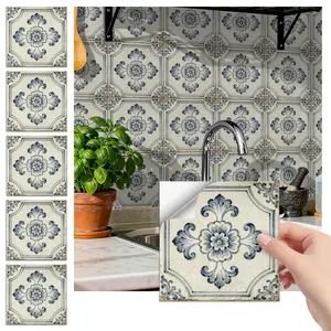24PCS/Box FHZ Classic Art Tile Distressed Blue-White Retro Intertwined Floral Decorative Wall Stickers (PET Matte) | Peel & Stick Splash Guard | Waterproof for Bedroom/School/Office/Kitchen/Bathroom