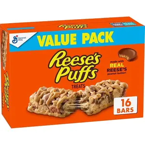 REESE'S Puffs Peanut Butter and Cocoa Chocolate Cereal Treat Bars, Crunchy, Crispy, Sweet Cupboard Snack Bars, Value Pack, 16 Ct, 13.6 oz
