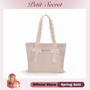 Petit Secret Viral Pink Bow Tote Bag for Women - Large Capacity Laptop Bag for Work, School & College, Cute Ruffled Computer Bag, Spacious Everyday Carry All Purse