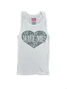 WIFE ME Lace Design Graphic Ribbed White Tank Top Bridal Cute Wedding Shirt
