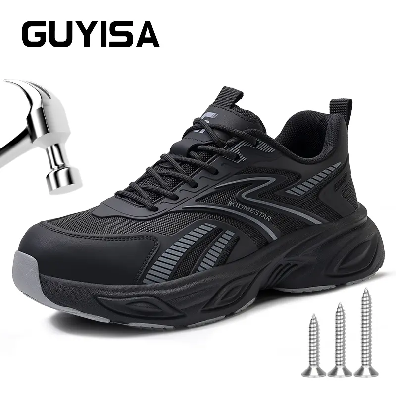 GUYISA Kidnestar Safety Shoes - Black Mesh Upper, Durable Sole, Ideal for Construction & Industrial Use