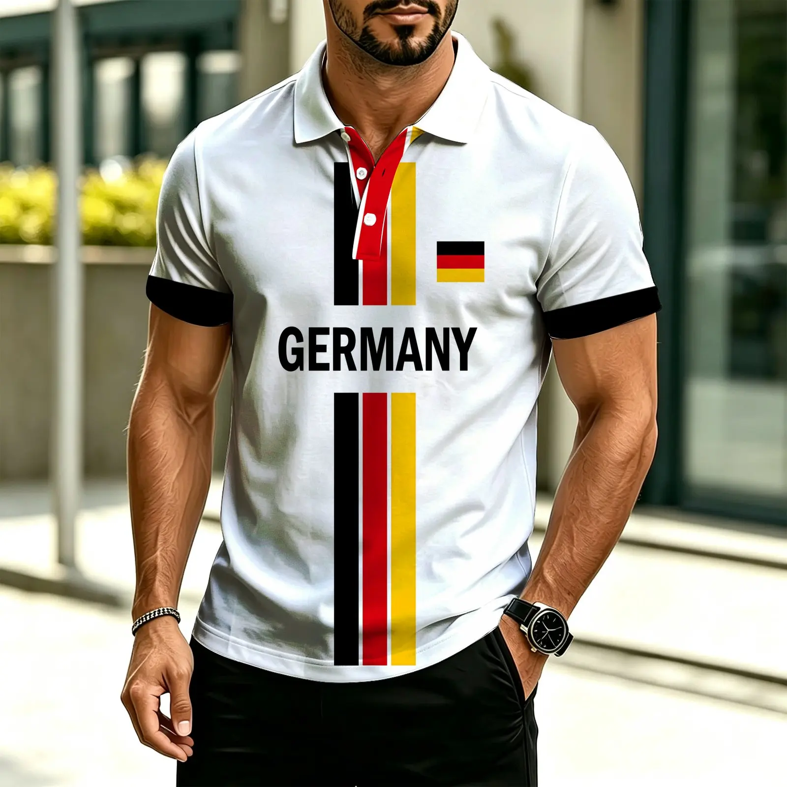 Men's Germany Football Jersey Summer Sports Polo Shirt, German Flag Map Pattern, Loose Fit Round Neck, Ideal for Team Sports and Casual Wear, Striped Soccer Shirt, Sportswear Top