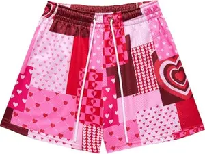 Unisex Crimson Patchwork Hearts Graphic Mesh Shorts – Bandana Edition