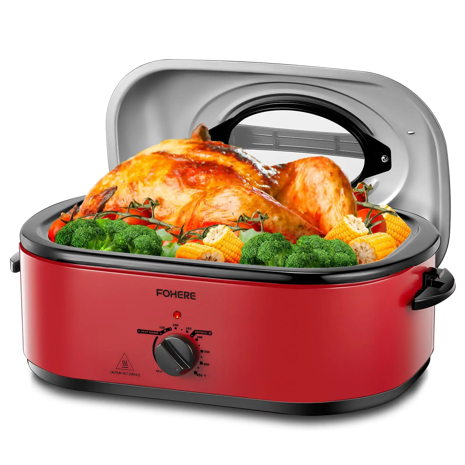 FOHERE 26QT Electric Roaster Oven with Visible & Self-Basting Lid, Large Turkey Roaster with Defrost & Warm Function, Adjustable Temperature Control, Removable Stainless Steel Pan & Rack, Red