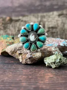 Handmade Sterling Silver Kingman Turquoise with Wildhorse Magnesite Adjustable Rings "Signed Nizhoni"