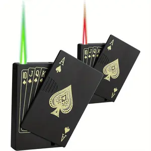 Jet Torch Lighter(Butane Not Included) Green+ Red Flame Ace Card Lighter, Cool Lighter Windproof Poker Design, Refillable Butane, for Outdoor, Indoor, Camping, BBQ, Candle, Birthday, Gift (Without Butane Gas)