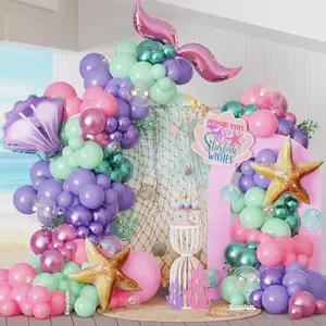 Mermaid Balloon Arch Kit 141pcs Dark Pink and Purple Balloon Garland with Starfish Shell Fish Tail Foil Balloon for Tropical Ocean Under the Sea Baby Shower Birthday Party Decorations