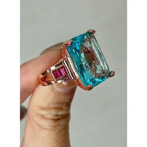 Huge Sterling Silver Sea Blue Rhinestone Emerald Cut Ring