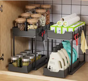 7CODE 2 Pack Double Sliding Under Sink Organizers and Storage,Two Tier Bathroom Storage and organization,Under Cabinet Organizer with Hooks,Home Organization