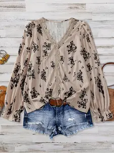 Elegant Casual Loose-Fitting Long Sleeve Shirt Blouse for Women, New Arrival V Neck Plain Design Feminine, Spring & Fall Fashion Lace