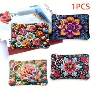 Diamond Painting Kit, Floral Pattern, PU Leather, Women's Mini Zipper Bag, Keychain Wallet, Daily Travel Essentials