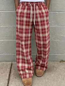 Men's Vintage Plaid Wide Leg Drawstring Long Pants, Loose Fit Casual Trousers, Spring & Fall Fashion, Streetwear & Retro Style