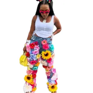 Women's Flower Pants - Colorful Floral Design Fashion Bottoms for Women Womenswear Blue Jean