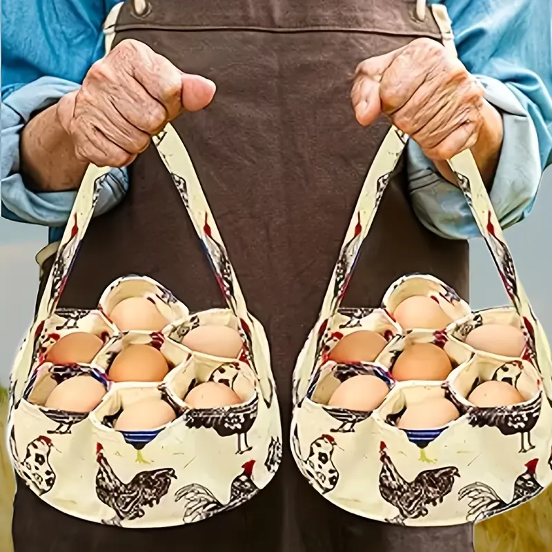 Farmhouse Style Mini Egg Collection Carry Basket for Chicken Eggs, Duck Eggs, and Goose Eggs, with 7 Pockets, Rooster and Hen Print, Perfect for Garden and Home Use