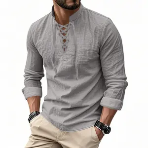 Men's Cotton Linen Fabric Henley Shirt - Long-Sleeve, V-Neck, Lace-Up, Vintage Renaissance Athletic Casual Tops for Beach, Day Wear