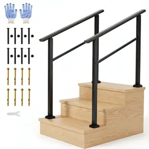 Garvee Outdoor Handrail for Steps, 3 Step Stair Handrail & Indoor Stair Railing Kit, Black Aluminum Railing with Iron Poles for Outdoor Indoor Steps & Porch, Includes Gloves (2 Pack)