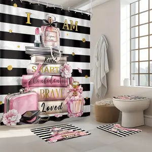 1pc/4pcs - Fashionable Pink Bathroom Sets Full Set, Modern Inspirational Women Black White Stripes Waterproof Shower , Bathroom Non-Slip Floor Mat, Toilet U-Shaped Mat, Cover Mat, Bathroom Decor And Accessories Home Dec Restroom Showercurtain